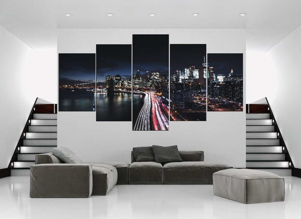 Manhattan New York City USA America Cityscape Skyline Night Traffic Framed 5 Piece Canvas Wall Art