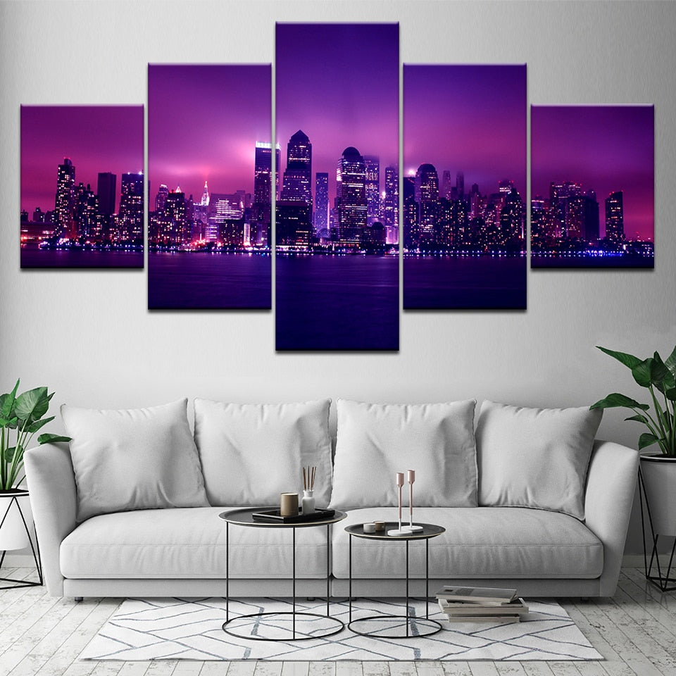 New York City Panoramic NYC USA Skyline Cityscape Framed 5 Piece Canvas Wall Art