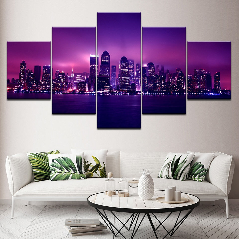 New York City Panoramic NYC USA Skyline Cityscape Framed 5 Piece Canvas Wall Art