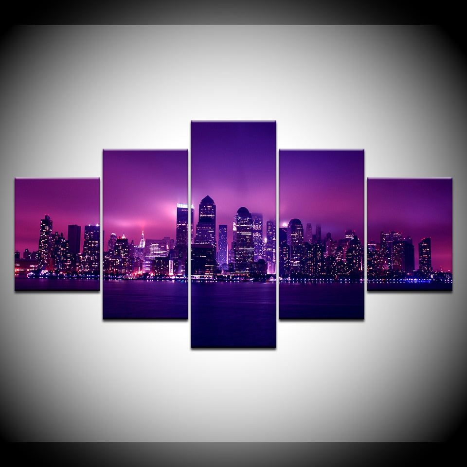 New York City Panoramic NYC USA Skyline Cityscape Framed 5 Piece Canvas Wall Art