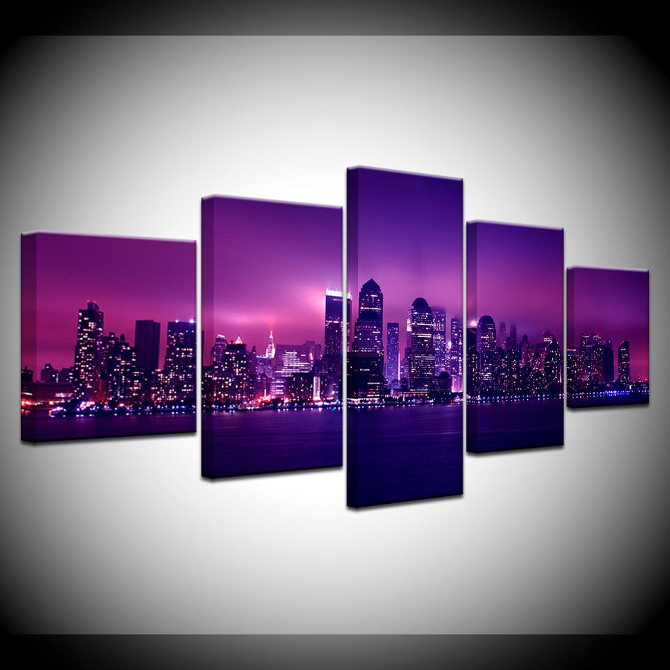 New York City Panoramic NYC USA Skyline Cityscape Framed 5 Piece Canvas Wall Art