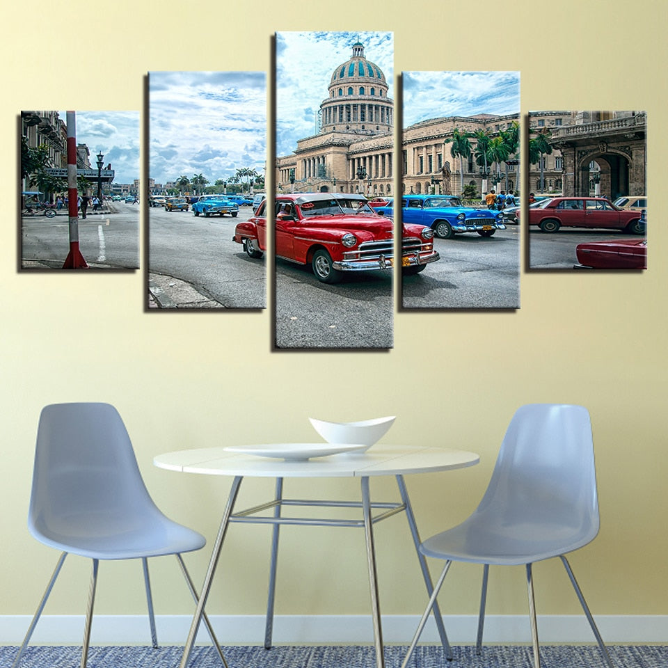 Havana Cuba Red Blue Car In The City Framed 5 Piece Canvas Wall Art