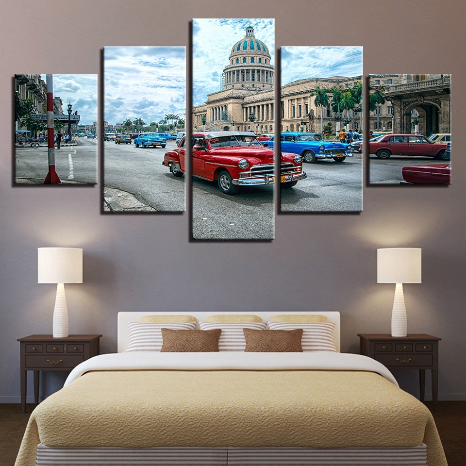 Havana Cuba Red Blue Car In The City Framed 5 Piece Canvas Wall Art