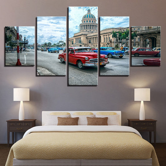 Havana Cuba Red Blue Car In The City Framed 5 Piece Canvas Wall Art