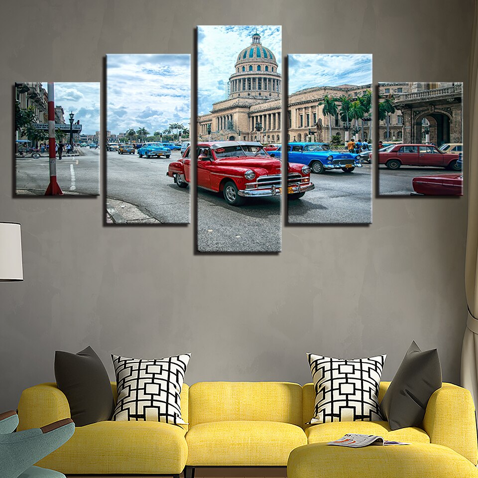 Havana Cuba Red Blue Car In The City Framed 5 Piece Canvas Wall Art