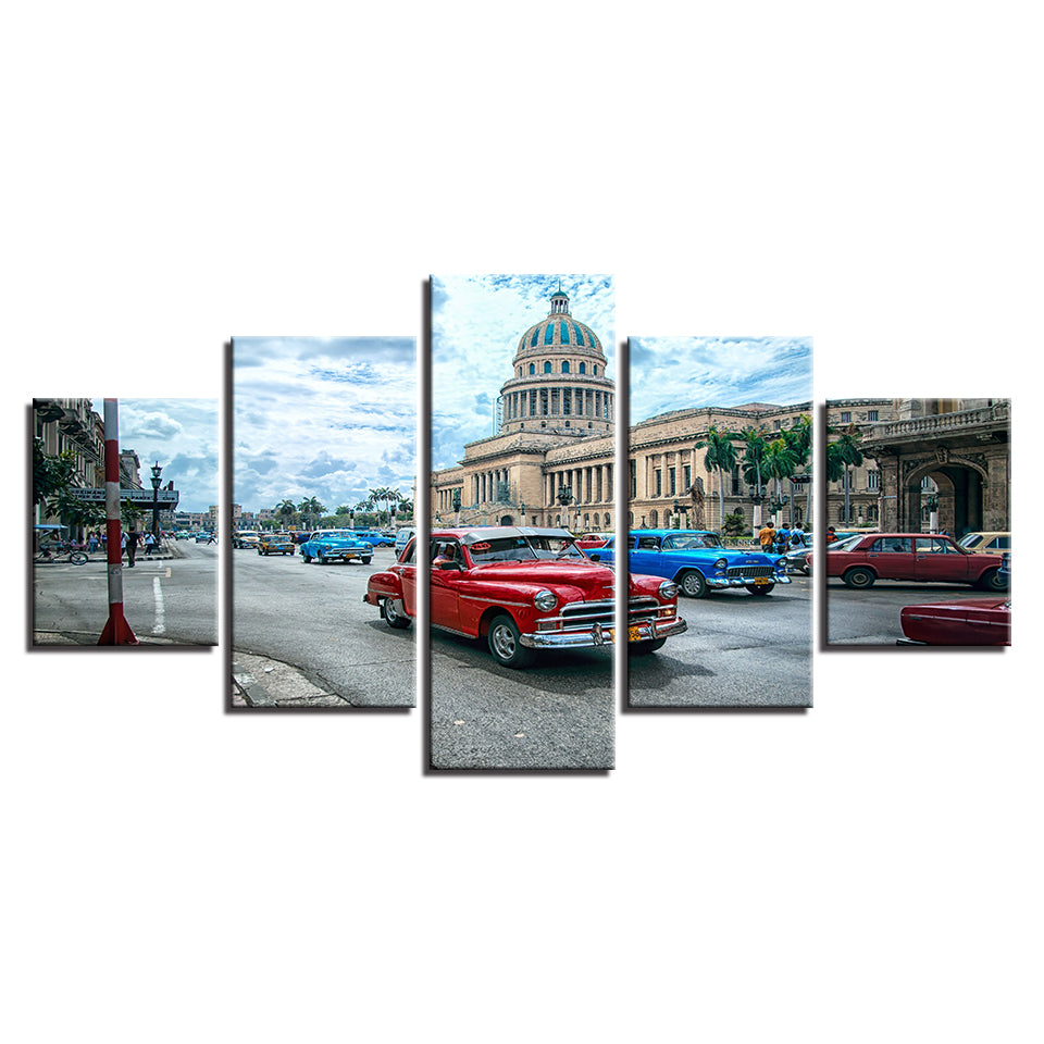 Havana Cuba Red Blue Car In The City Framed 5 Piece Canvas Wall Art